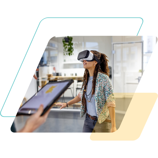 image of a person wearing a vr headset masked by a parallelogram