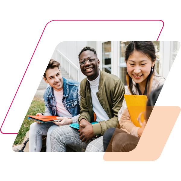 Image of 3 students all looking at the same thing masked by a parallelogram