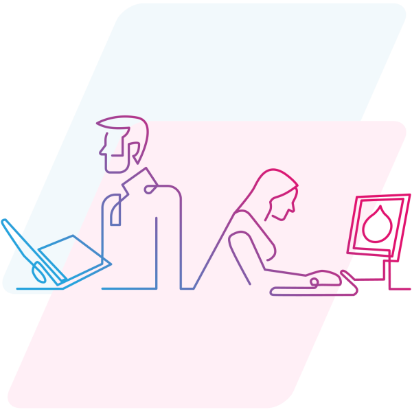 pink and blue line art of people working on computers 
